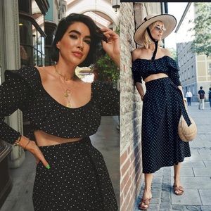 Misa Los Angeles Polka Dot Crop Top Midi Skirt Dress Set S